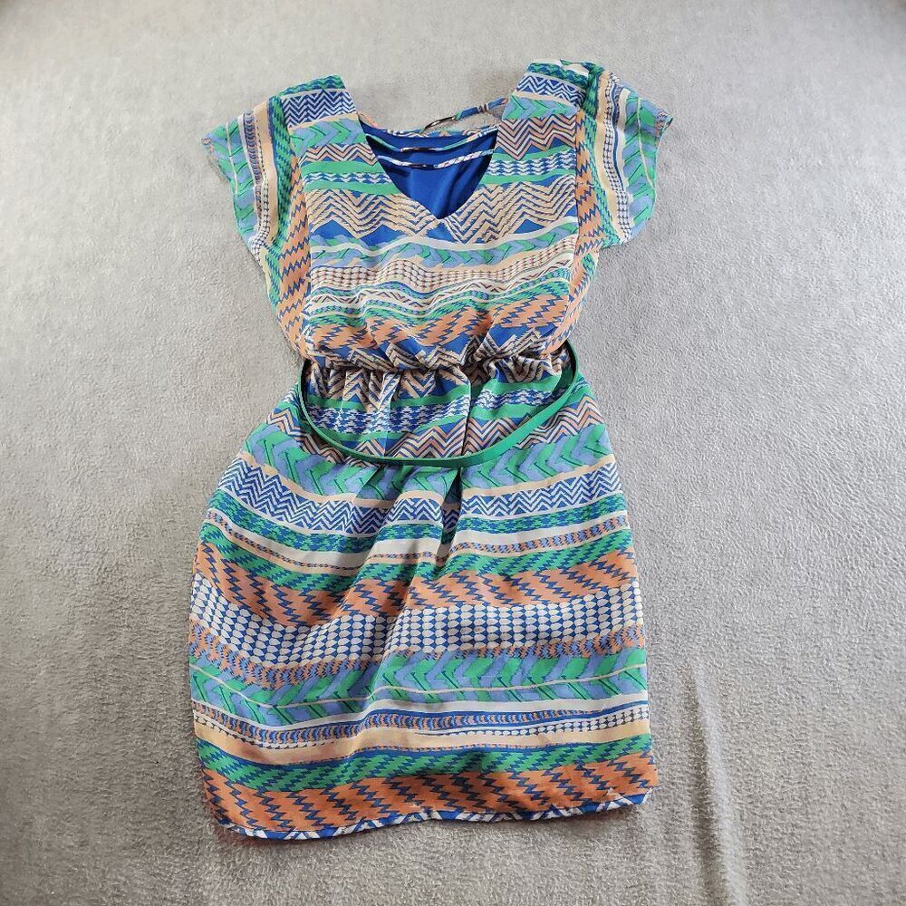 City Triangles Dress Women Small Blue Aztec Print Front Belted Round Neck Mini